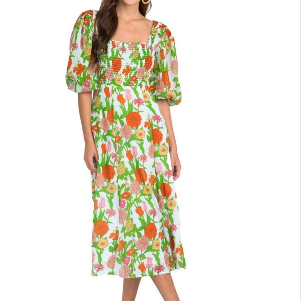 Olivia James Bridget Midi Dress in Mod Floral Melon XS